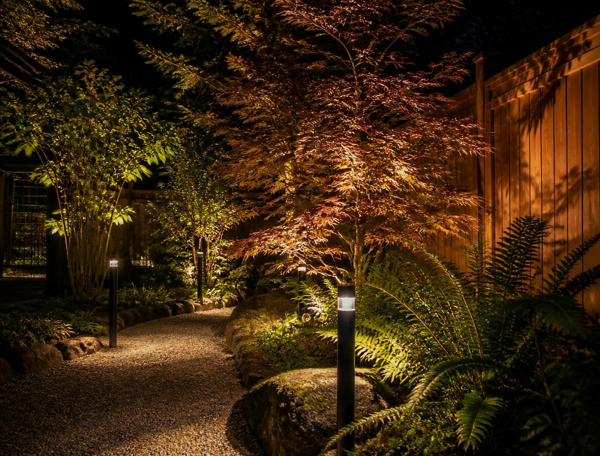 Garden path at night with bollard lights and a warmly up-lit Japanese maple